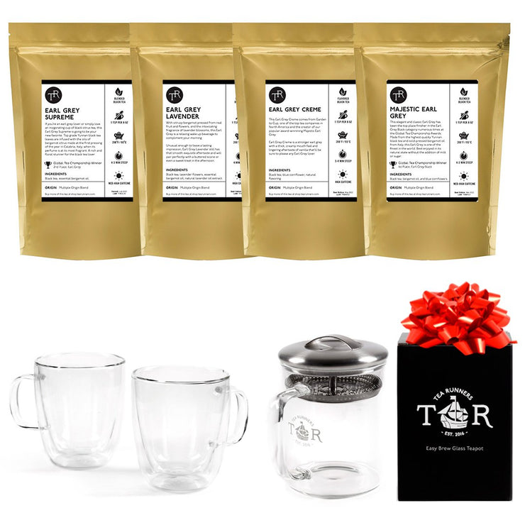 Earl Grey Lovers Gift Basket + Easy Brew + Glass Tea Cups